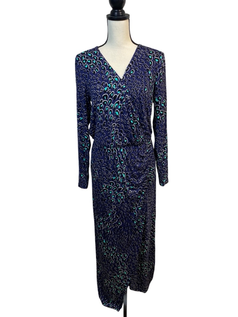 Colleen Lopez Abstract Peacock Crossover Ruched Maxi Dress M